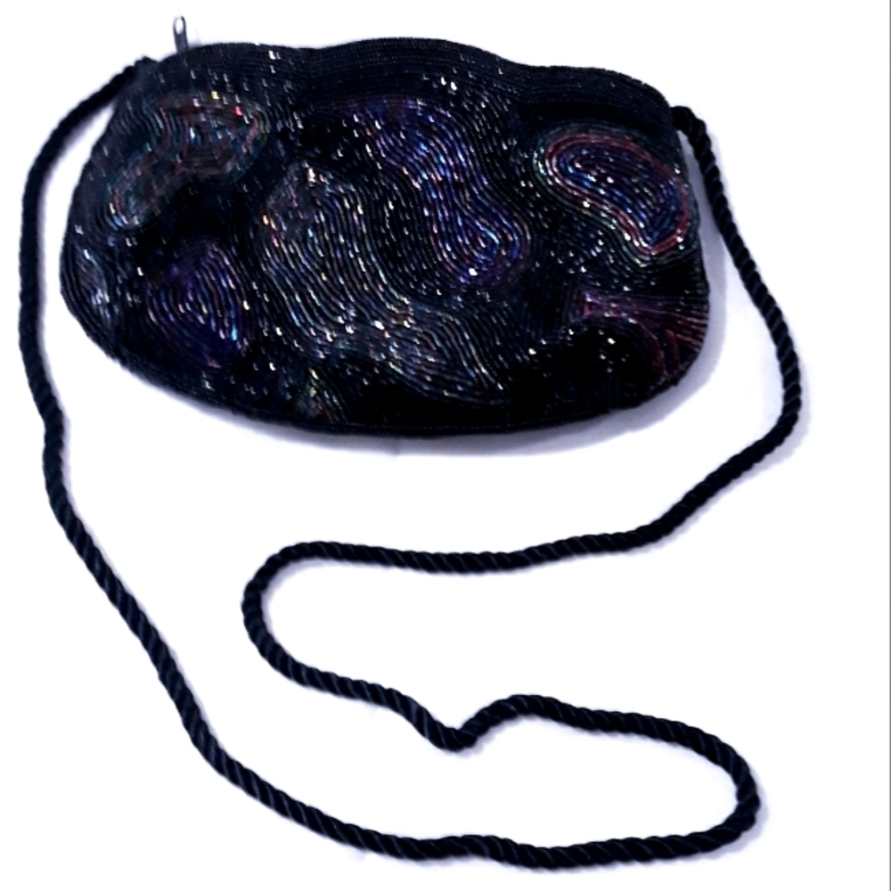 Vintage Black Fully Beaded Women's Small Shoulder Bag Zippered Pocket Night Bag